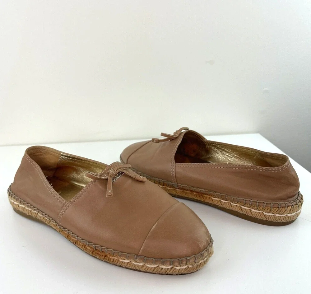PRADA Light Brown Beige Leather Bows Trim Espadrilles Shoes Women’s 39.5 CLASSIC